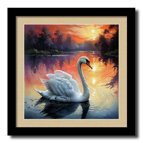 Digital artwork framed print of a graceful swan with outstretched wings glides across calm water