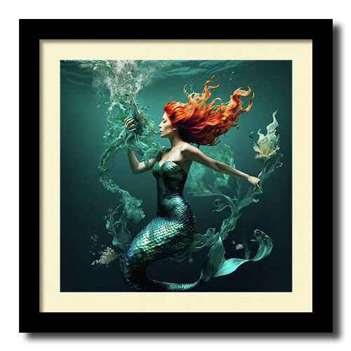 Digital artwork framed print of a mermaid with vibrant red hair gracefully swims underwater, surrounded by swirling aquatic plants