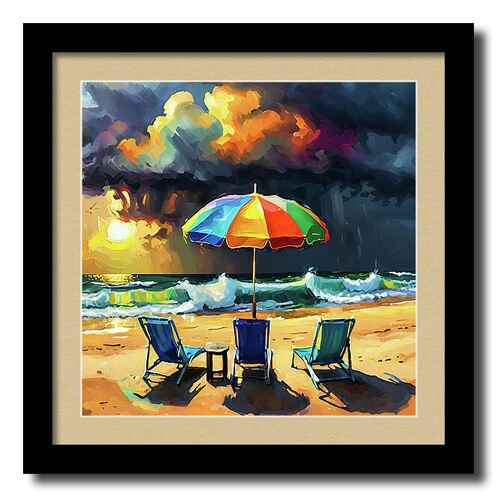 Digital artwork framed print of three beach chairs under a colorful umbrella face the ocean as dramatic, dark clouds gather in the sky during sunset.