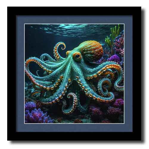 Digital artwork framed print of a vibrant octopus with detailed, colorful tentacles is depicted in an underwater scene