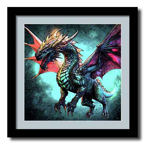 Digital artwork framed of a mythical dragon, depicted with vibrant scales and large, membranous wings