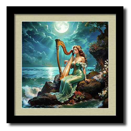 Digital artwork framed print of a serene scene under a luminous full moon features a mermaid in an elegant green gown playing a harp