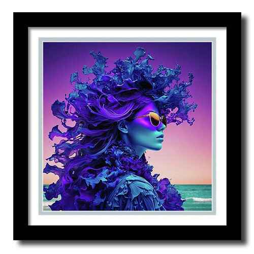 Digital artwork framed print of a woman wearing sunglasses that is staring out over the ocean with a purple haze