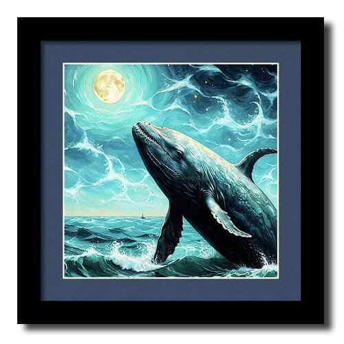 Digital artwork framed print of a majestic whale breaches the ocean beneath a bright, glowing moon