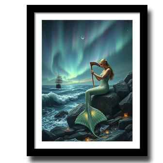 Mermaid Playing her harp luring Sailors Fine Art Framed Print