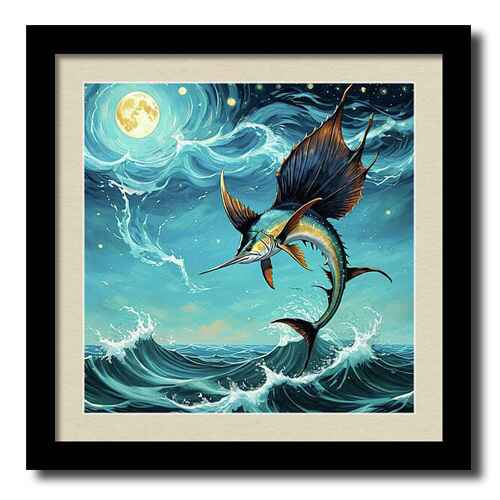 Digital artwork framed print of a sailfish leaps gracefully above turbulent ocean waves, illuminated by a full moon in a starry night sky.