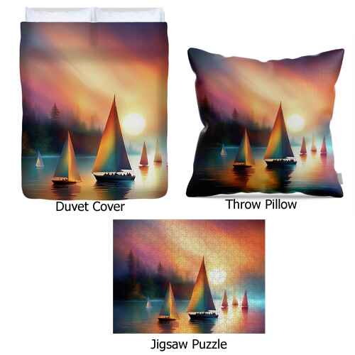 Digital artwork of sailboats gliding peacefully on a calm lake under a colorful sky during sunset.Addition art 