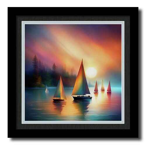 Digital artwork framed print of sailboats gliding peacefully on a calm lake under a colorful sky during sunset.
