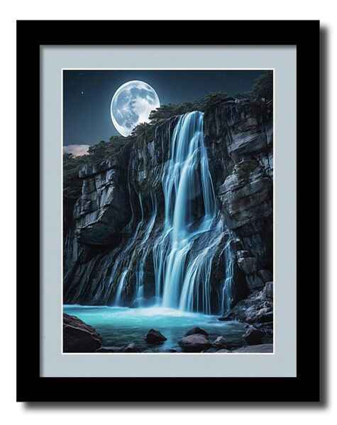 Digital artwork framed print of Woodstock Falls as it cascades down a rocky cliff under the glow of a full moon