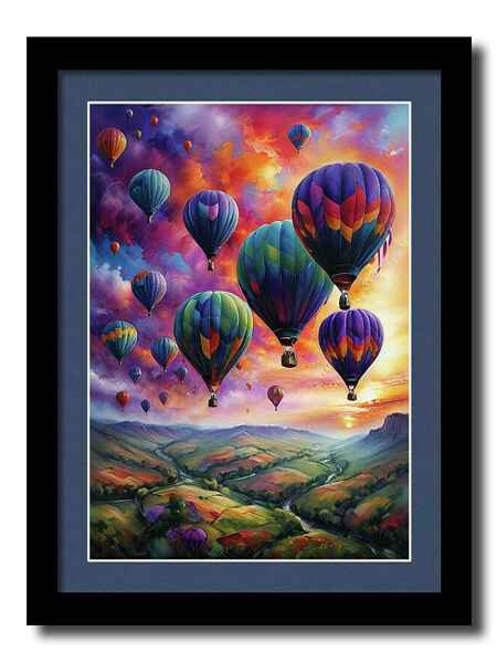 Digital artwork framed print of vibrantly colored hot air balloons fills the sky against a dramatic sunset