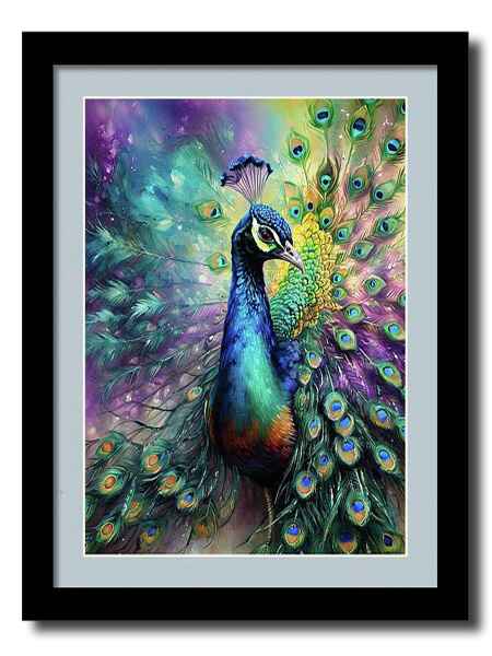 Digital artwork framed print of a vibrant peacock displays its colorful plumage, with feathers showcasing an array of blues, greens, and purples.