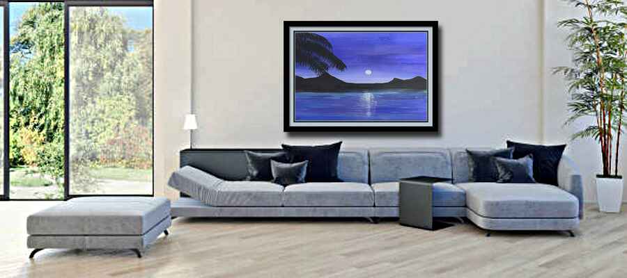 Framed AcrylicPainting of a Blue Moon Rising