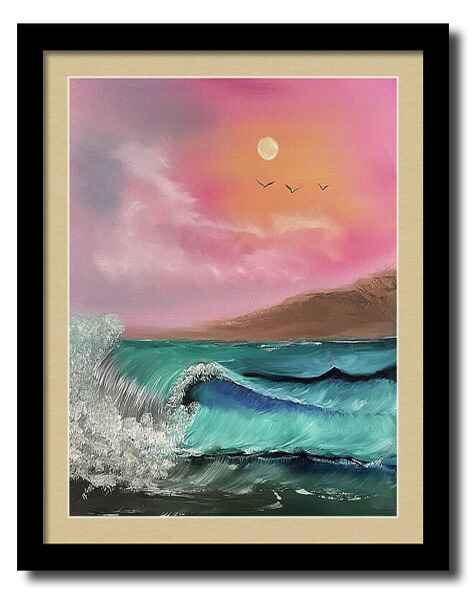 An oil painting framed print of waves crashing energetically against a vibrant turquoise sea under a soft pink and orange sky.