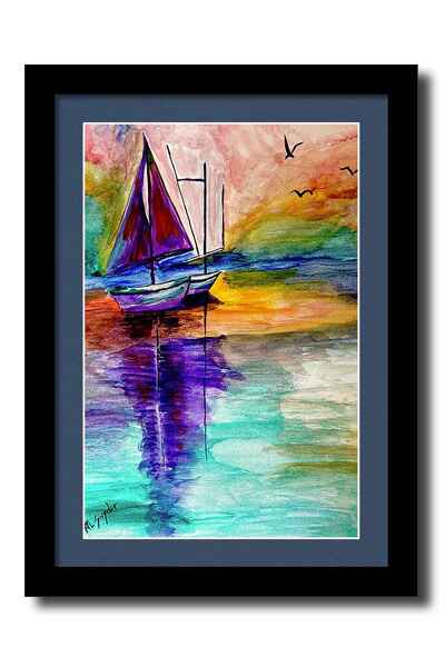 A watercolor painting framed print of a sailboat with vivid purple and red sails is reflected in the calm water