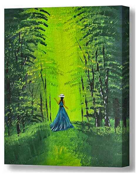 An acrylic painting canvas print of a girl in a blue dress and a white hat stands in a vibrant green forest clearing, her back to the viewer. 
