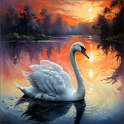 Digital artwork of a graceful swan with outstretched wings glides across calm water