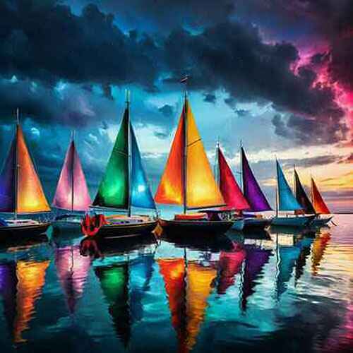 Digital artwork of vividly colored sailboats that are anchored on a calm, reflective body of water