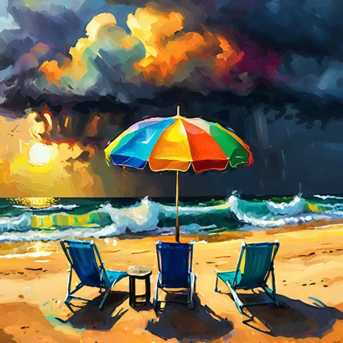Digital artwork of three beach chairs under a colorful umbrella face the ocean as dramatic, dark clouds gather in the sky during sunset.