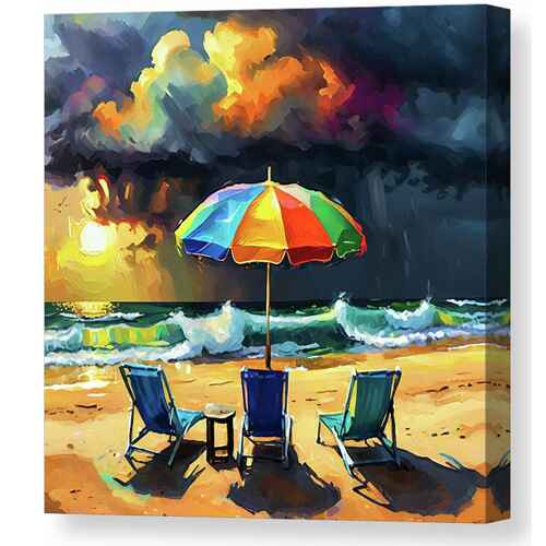 Digital artwork canvas print of three beach chairs under a colorful umbrella face the ocean as dramatic, dark clouds gather in the sky during sunset.