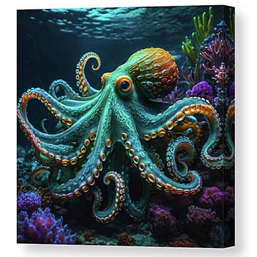 Digital artwork canvas print of a vibrant octopus with detailed, colorful tentacles is depicted in an underwater scene