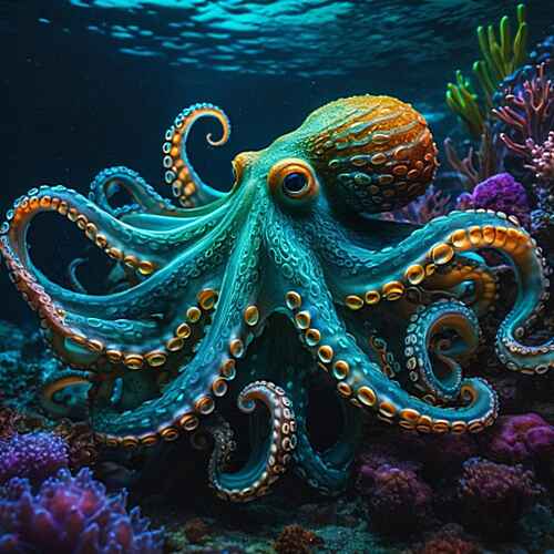 Digital artwork of a vibrant octopus with detailed, colorful tentacles is depicted in an underwater scene