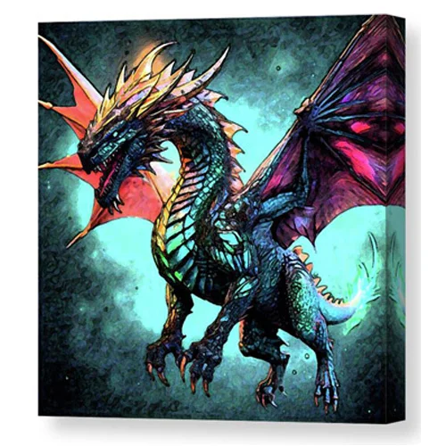 Digital artwork canvas print of a mythical dragon, depicted with vibrant scales and large, membranous wings