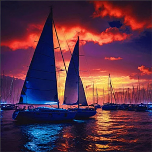 Digital artwork of sailboats gliding across a vibrant, colorful sea under a dramatic sunset sky. 