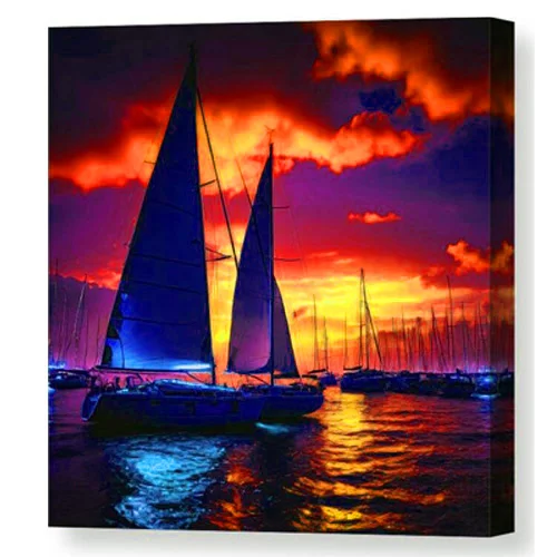 Digital artwork canvas print of sailboats gliding across a vibrant, colorful sea under a dramatic sunset sky. 