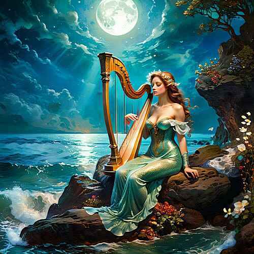 Digital artwork of a serene scene under a luminous full moon features a mermaid in an elegant green gown playing a harp