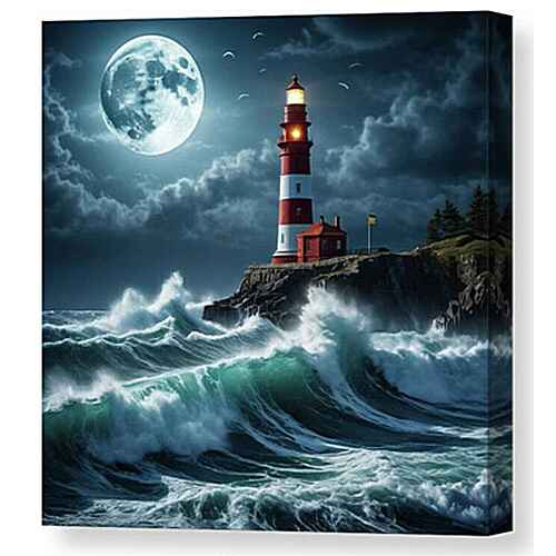 Digital artwork canvas print of a lighthouse that stands tall on a rocky cliff under a full moon