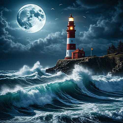 Digital artwork of a lighthouse that stands tall on a rocky cliff under a full moon