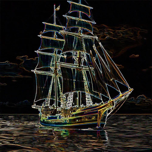 Digital artwork of a sailing schooner with highlighted edges is depicted against a dark background, creating a neon-like effect.