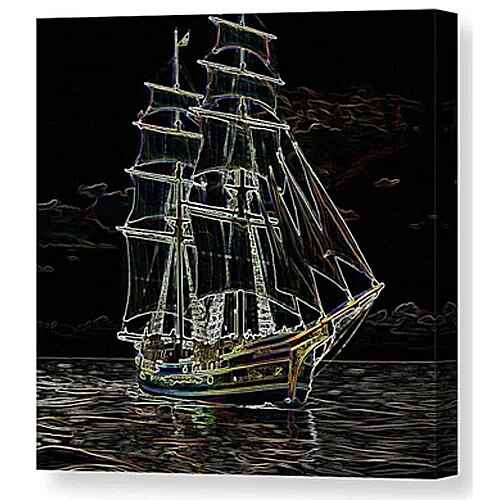 Digital artwork canvas print of a sailing schooner with highlighted edges is depicted against a dark background, creating a neon-like effect.