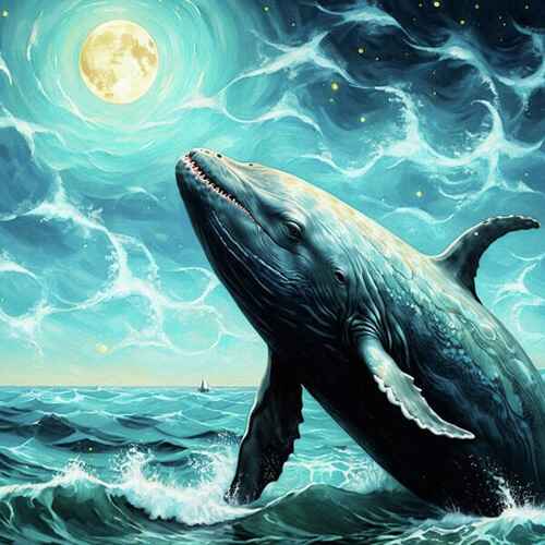 Digital artwork of a majestic whale breaches the ocean beneath a bright, glowing moon