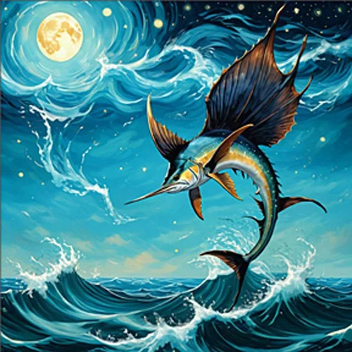 Digital artwork of a sailfish leaps gracefully above turbulent ocean waves, illuminated by a full moon in a starry night sky.