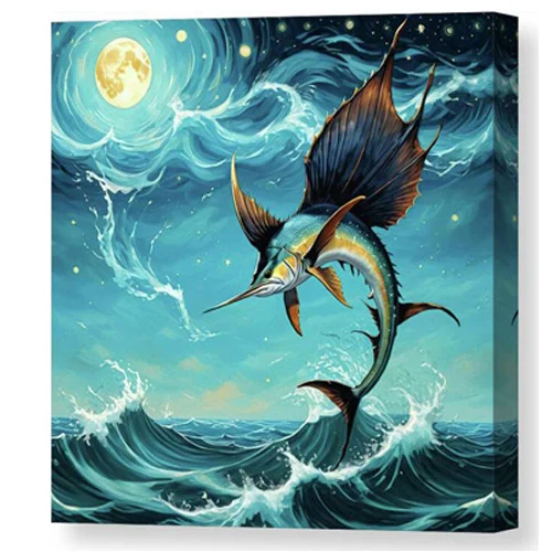 Digital artwork canvas print of a sailfish leaps gracefully above turbulent ocean waves, illuminated by a full moon in a starry night sky.