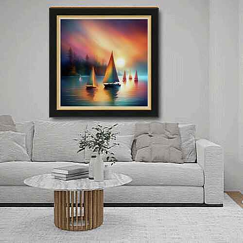Digital artwork of sailboats gliding peacefully on a calm lake under a colorful sky during sunset room view