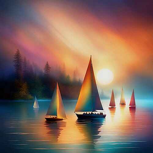 Digital artwork of sailboats gliding peacefully on a calm lake under a colorful sky during sunset.
