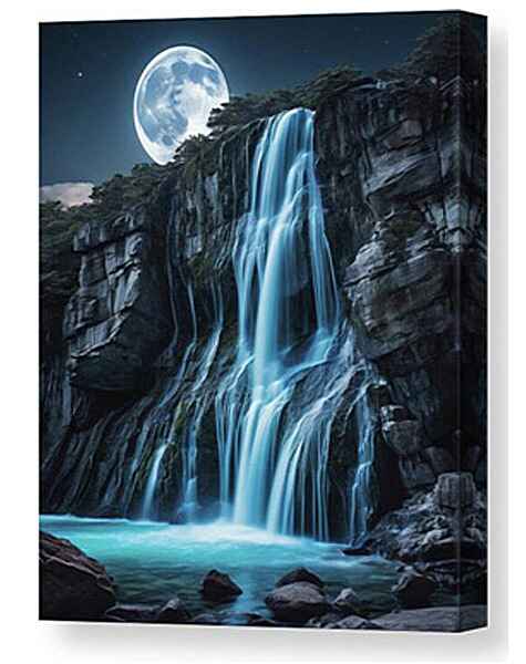 Digital artwork canvas print of Woodstock Falls as it cascades down a rocky cliff under the glow of a full moon