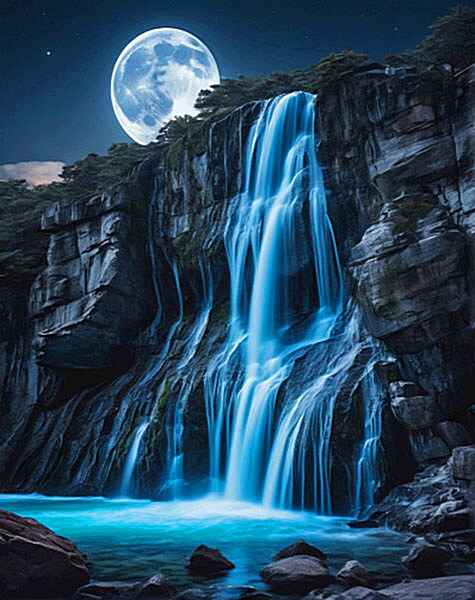 Digital artwork of Woodstock Falls as it cascades down a rocky cliff under the glow of a full moon