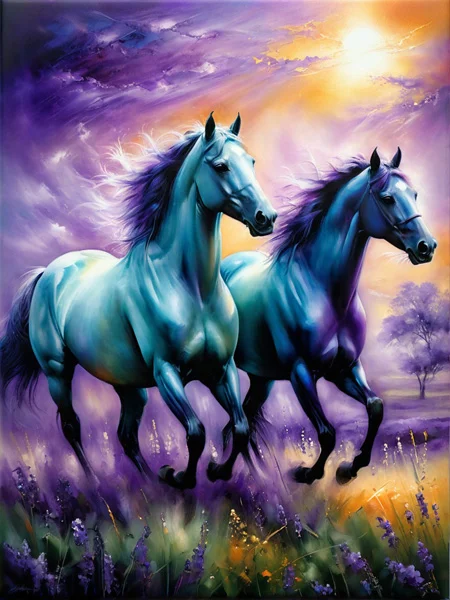 Digital artwork of vibrant horse’s gallop through a field awash with radiant purples and glowing yellows from the sky