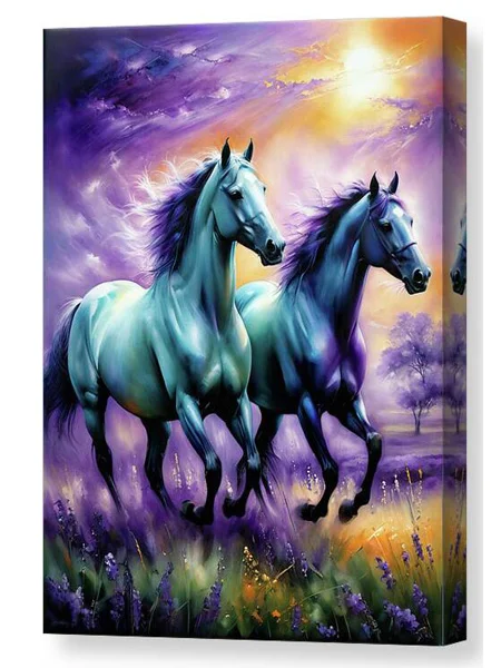 Digital artwork canvas print of vibrant horse’s gallop through a field awash with radiant purples and glowing yellows from the sky