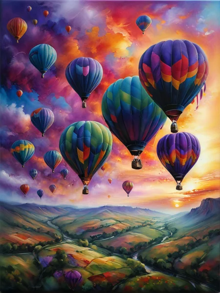 Digital artwork of vibrantly colored hot air balloons fills the sky against a dramatic sunset
