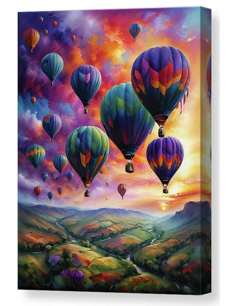 Digital artwork canvas print of vibrantly colored hot air balloons fills the sky against a dramatic sunset