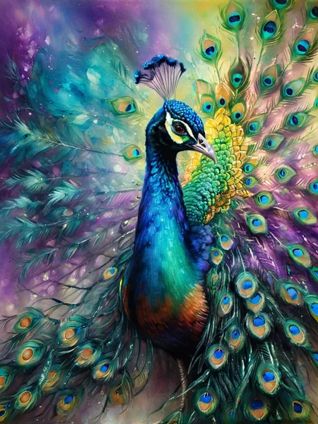 Digital artwork of a vibrant peacock displays its colorful plumage, with feathers showcasing an array of blues, greens, and purples.