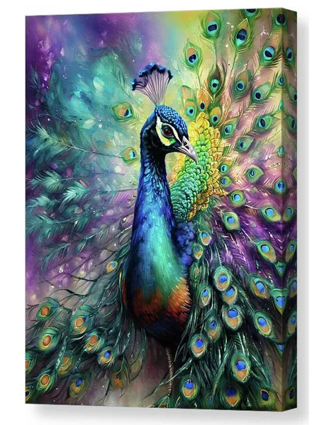 Digital artwork canvas print of a vibrant peacock displays its colorful plumage, with feathers showcasing an array of blues, greens, and purples.