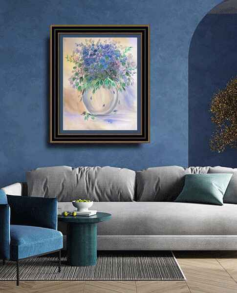 An oil painting of a large bouquet of blue and purple violet flowers with green leaves fills a rounded vase. room view