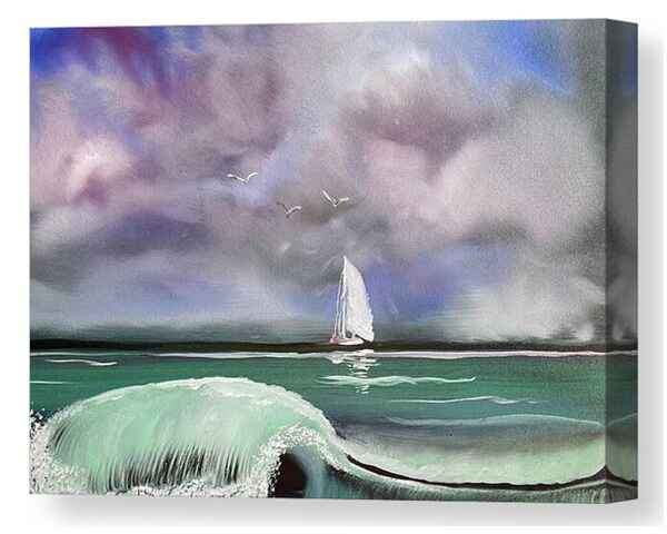 An oil painting canvas print of a serene seascape shows tumultuous waves crashing in the foreground while a sailboat glides peacefully in the distance under a cloudy sky.