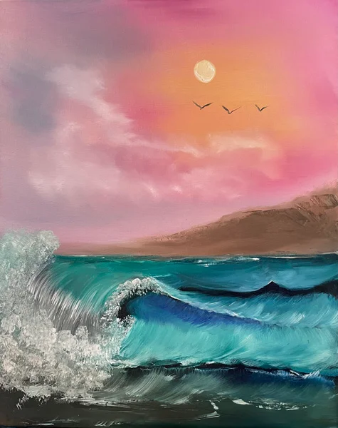 An oil painting of waves crashing energetically against a vibrant turquoise sea under a soft pink and orange sky.