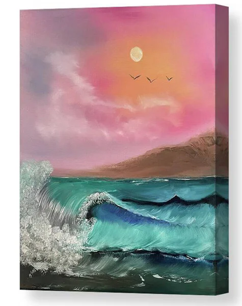 An oil painting canvas print of waves crashing energetically against a vibrant turquoise sea under a soft pink and orange sky.